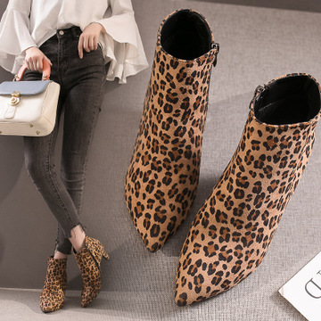 Boots Women Autumn Ankle Boots Sexy Flock High Heels 7CM Point Zipper Leopard Half Short Winter Martin Boots Female Adult Shoes ► Photo 1/6