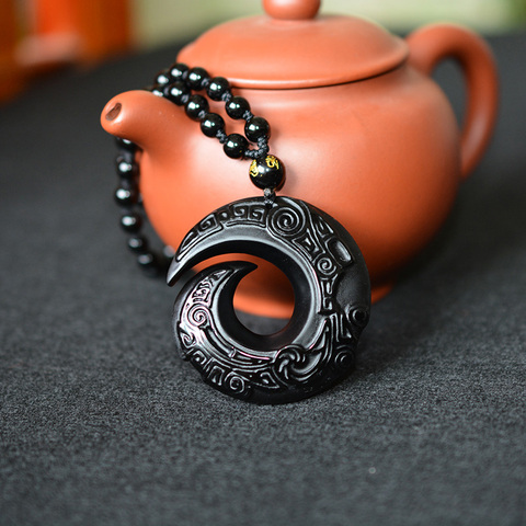 Natural  Black Obsidian Pendant Lucky Obsidian With Free Beads Chain Men's Jewelry Women's Jewelry Jade Pendant ► Photo 1/6