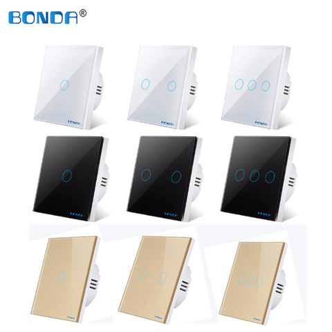 BONDA wall switch, EU standard, touch switch, wall lamp, white crystal, tempered glass panel, wall touch screen, Ac220v, 1 way ► Photo 1/6