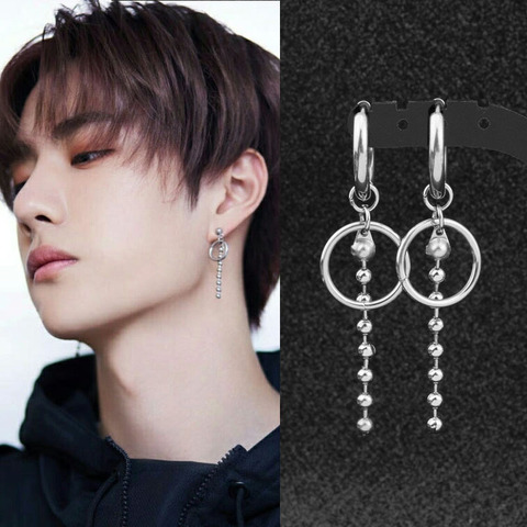 Idol Kpop Earrings Stainless Steel Grunge Hip Hop Rap Chain Tassel Round Pendant Stud Earring Korean Kpop dna Women Men Ear Clip ► Photo 1/6