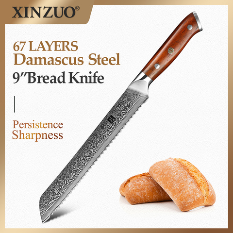XINZUO 9''inch Bread Knife Damascus Steel 67 Layers Damascus Steel Blade Kitchen Knife with Rosewood Handle New Sawtooth Knives ► Photo 1/1