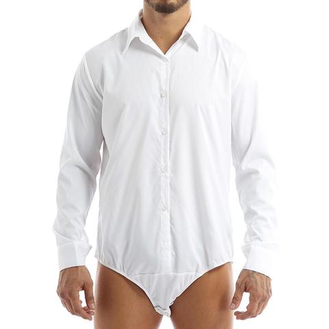 MSemis Mens Adult Bodysuit Shirt Tops Male Turn-down Collar Long Sleeves Button Down Snap Crotch Casual Romper Corset Shirts ► Photo 1/6