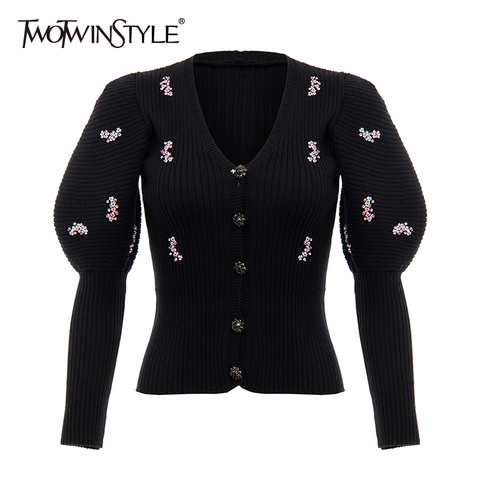 TWOTWINSTYLE Patchowrk Sequined Caidigans For Women V Neck Puff Sleeve Slim Black Sweaters Female New Tide Clothing 2022 Autumn ► Photo 1/6