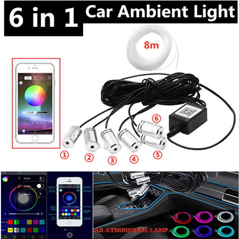 6 in 1 RGB LED Atmosphere Car Light Interior Ambient Light Fiber Optic Strips Light by App Control DIY Music 8M Fiber Optic Band ► Photo 1/6