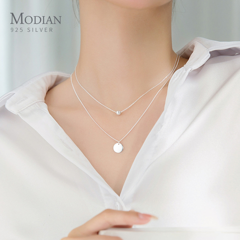 Modian Simple Design Beads Ball Coin 925 Sterling Silver Pendant for Women Girl Double Layer Basic Chain Necklace Fine Jewelry ► Photo 1/5