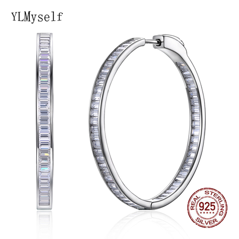 Luxury 38mm diameter Real silver hoop earring T-square CZ jewelry 925 Sterling silver large circle earrings for night bar party ► Photo 1/6