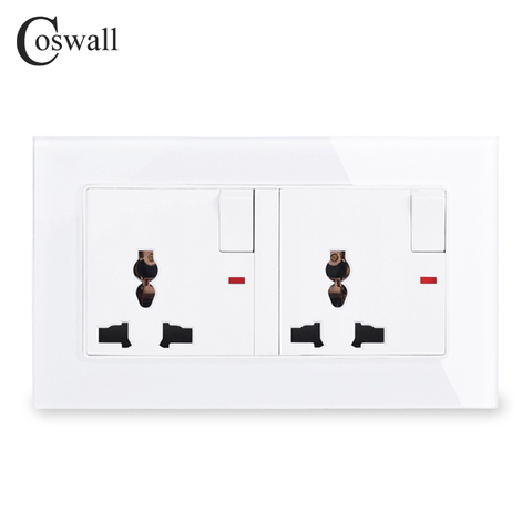 COSWALL Tempered Glass Panel 2 Gang 13A Universal Switched Socket With Neon Indicator Grounded With Children Protective Door ► Photo 1/1