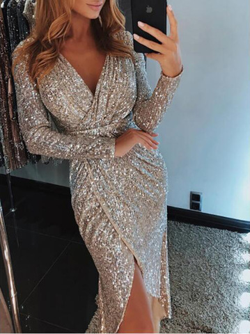 Elegant Sequined Glitter Party Dress Women Sexy V Neck Bodycon Slim Glitter Dress Vestidos Long Sleeve Ladies Club Party Dresses ► Photo 1/6