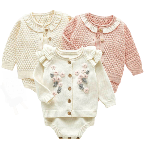 Children Baby Clohting Knit Set Autumn Embroidery Flowers Set Fashion Baby Girls Clothes Long Sleeve Knit Cardigan+Romper Sets ► Photo 1/6