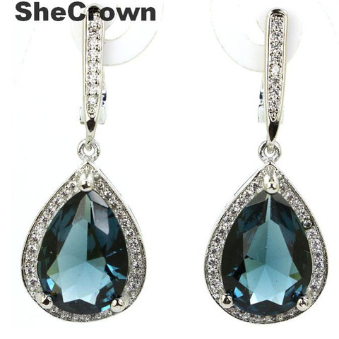 34x14mm Elegant Drop Shape Created Created Dark London Blue Topaz Cubic Zirconia Woman's Silver Earrings ► Photo 1/3