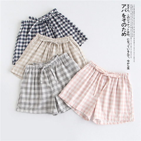 Couple pajamas summer cotton gauze shorts Japanese style simple elastic waist casual large size lattice men and women home pants ► Photo 1/6