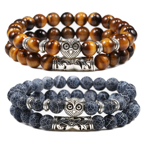 Black Lava Tiger Eye Weathered Stone Bracelets Bangles Classic Owl Beaded Natural Charm Bracelet for Women and Men Yoga Jewelry ► Photo 1/6