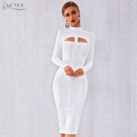 Adyce 2022 New Autumn Women White Bodycon Bandage Dress Long Sleeve Sexy Hollow Out Club Celebrity Evening Party Dress Vestidos ► Photo 1/6