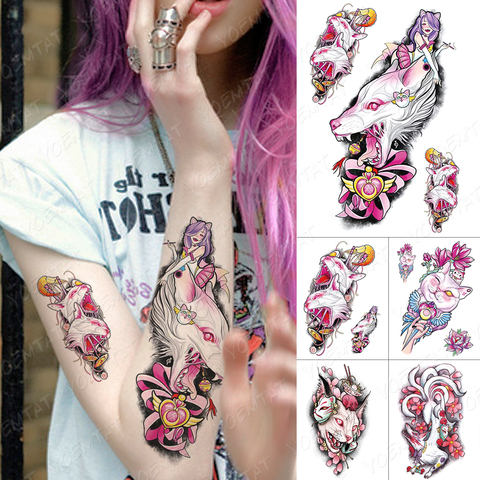 Waterproof Temporary Tattoo Sticker Japanese Pink Anime Cat Sailor Moon Flash Tattoos Fox mask Body Art Arm Fake Tatoo Women Men ► Photo 1/6