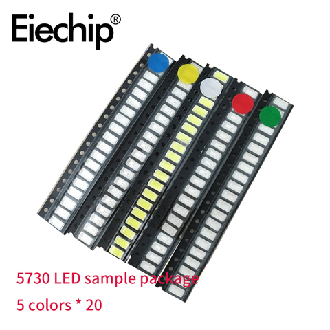 100pcs/lot  5730 LED Diodes Light kit SMD Diode Assortment set white/yellow /red/green/blue 0.2W 3.0-3.3V  5 colors*20pcs ► Photo 1/1