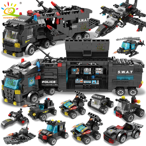 HUIQIBAO SWAT Police Station Truck Model Building Blocks City Machine Helicopter Car Figures Bricks Educational Toy For Children ► Photo 1/6