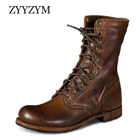 ZYYZYM Men Boots Leather Plus Size Knight boots Man Lace Up Men Ankle Boots Brithsh Motorcycle Boots for Men Zapatos De Hombre ► Photo 1/6