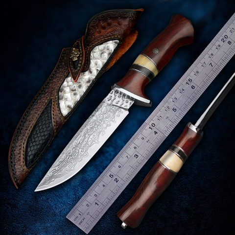 TURENZ-Hand-Forged Damascus Steel Straight Blade Steel Hunting Knivies Fixed Blade Knife Sandalwood Handle Outdoor Camping Tools ► Photo 1/1