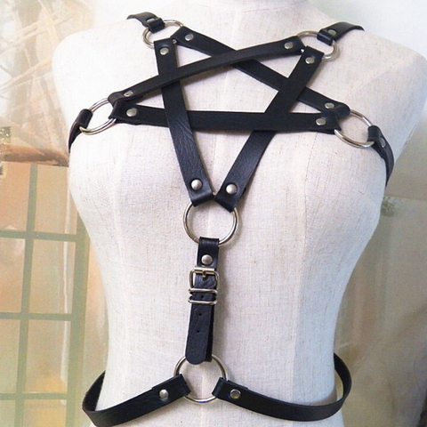 Black Leather Bra Women Punk Gothic Bra Leather Harness Belt Body Bondage  Top Chest Straps 