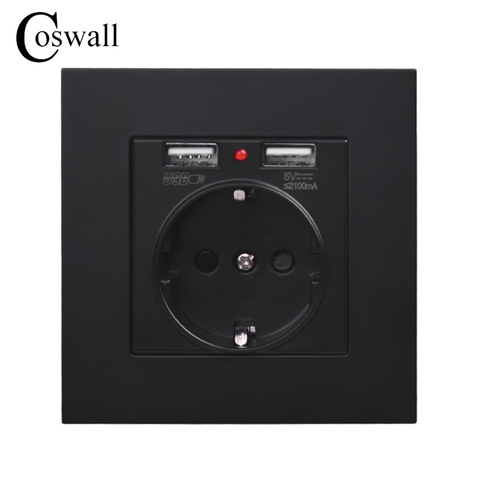COSWALL Wall Socket Grounded Children Protective Door, EU Russia Spain Outlet With 2.1A Dual USB Charging Black White PC Panel ► Photo 1/6