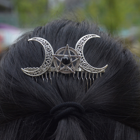 Wiccan Moon Pentagram Hairpin Crescent Moon Comb Witch Tiaras Pagan Hair Jewelry Wedding Hair Accessory ► Photo 1/3