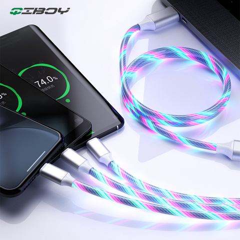 3 in 1 Cable USB Type C Cable Glow Flowing 1.2M Cord LED Lighting Fast Charging USB Micro Charger Cable Wire for I Phone Samsung ► Photo 1/6