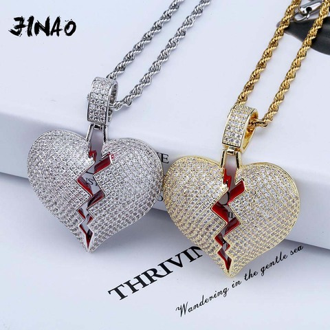 JINAO Fashion Broken Heart Iced Out Chain Pendant Necklace Statement Gold Color Cubic Zircon Necklace Hip Hop Men's Jewelry Gift ► Photo 1/6