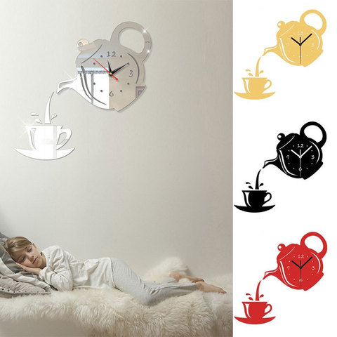 3D Wall Art Clock Stickers Acrylic Coffee Cup Teapot Self Adhesive Mirror DIY Wall Clock Kitchen Home Teahouse Decoration Clock ► Photo 1/6