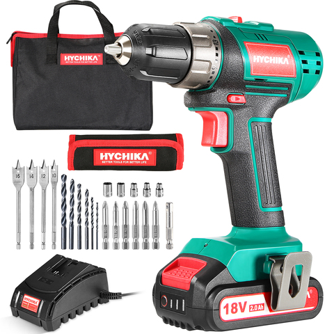 Drill Driver HYCHIKA 18V Electric Cordless Drill 22PCS Accessories 2 Variable Speed Screwdriver Set Power Tool ► Photo 1/6