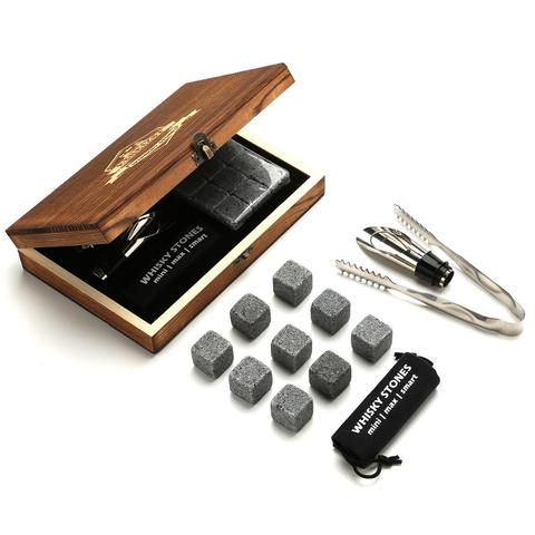 Whiskey Stones Gift Set - 9 Granite Chilling Stones Whisky Rocks - Reusable Ice Cubes with Tongs Stopper - Best Drinking Gift ► Photo 1/6