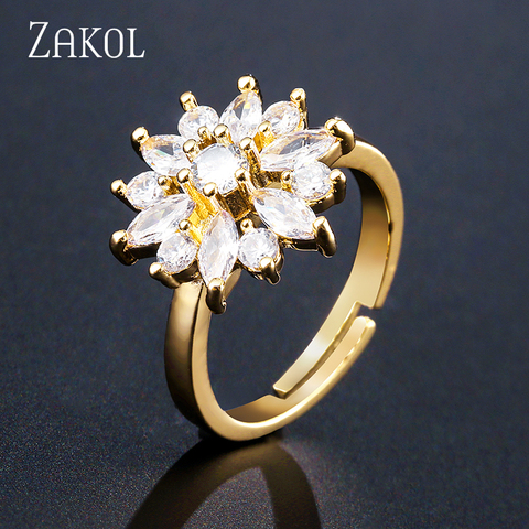 ZAKOL Fashion Rose Gold Color Flower Cluster Clear Crystal Zirconia Open Rings For Women Bridal Wedding Jewelry Brincos FSRP2124 ► Photo 1/6