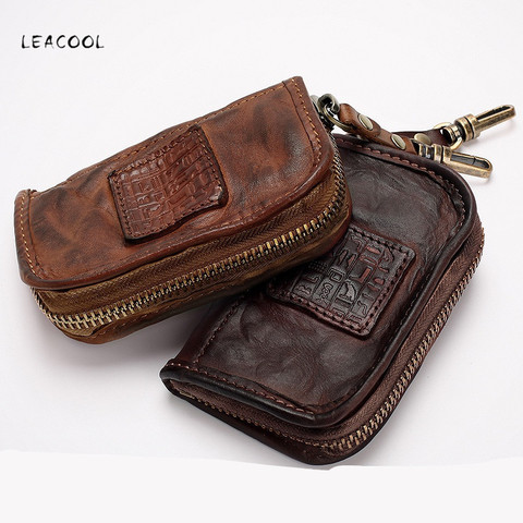 Vintage Handmade Genuine Leather Key Wallet Men Short Zipper Car Key Card Holder Coin Purse Bag Organizer Housekeeper For Women ► Photo 1/6