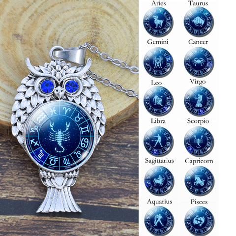 Cute Owl Pendant Alloy Metal Owl Necklace 12 Zodiac Signs Aries Taurus Gemini Cancer Leo Scorpio Constellation Jewelry ► Photo 1/6