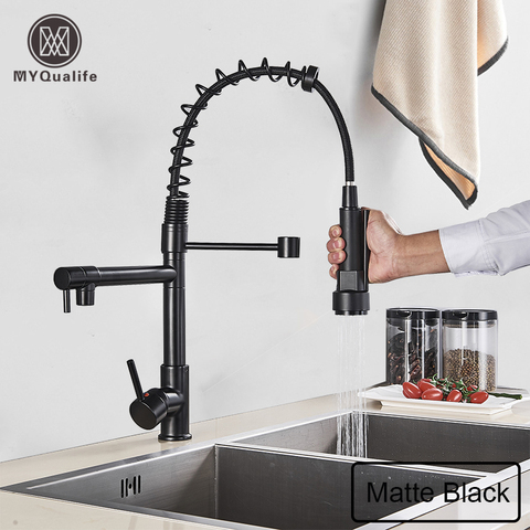 Spring Pull Down Matte Black Kitchen Mixer Faucet Deck Mounted Dual Spout   Kitchen Sink Crane Taps Handheld Sprayer Shower Head ► Photo 1/6