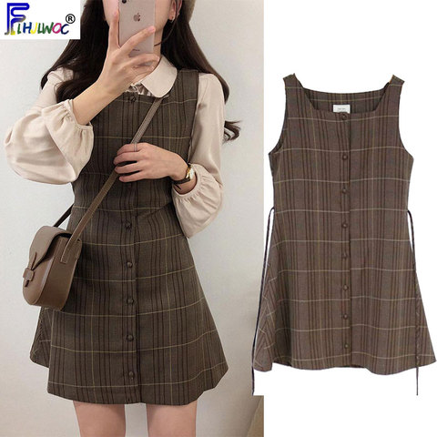 Cute Mini New Year Date Dresses Sleeveless Vest Women Korea Japanese Style Design Retro Vintage Plaid Button Shirt Dress 11021 ► Photo 1/6