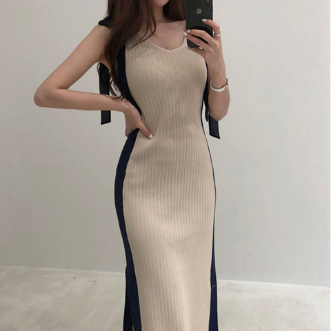 SMTHMA Vintage Patchwork Bow Female Summer Sleeveless Knitted Retro Bottom Dress Pullovers Women Slim Vestidos ► Photo 1/6