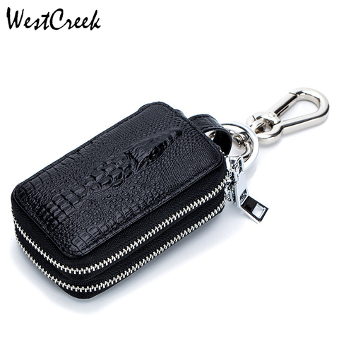 WESTCREEK Brand Genuine Leather Crocodile Pattern Double Zipper Key Holder Car Key Wallets Large Capacity Organizer Key Bag ► Photo 1/6