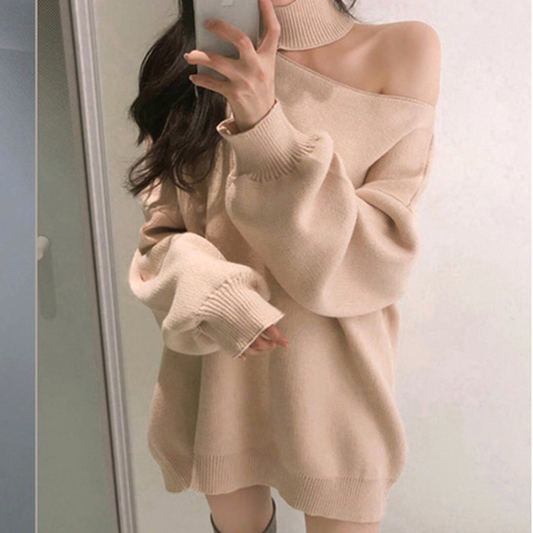 Oversized Knitted Sweater Women Halter Turtleneck Knitt Winter Jumper Korean Pullover Cold Shoulder Clothes Loose Outerwear V966 ► Photo 1/6