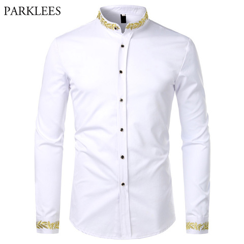 Gold Embroidery White Shirt Men Brand New Stand Collar Mens Dress Shirts Casual Slim Long Sleeve Chemise Homme Camisa Masculina ► Photo 1/6