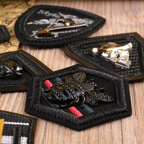 3D Metal Black Leather Embroidered Patches for Clothing Military Army Appliques Bee Badge Stripe Sticker Sew on Clothes DIY ► Photo 1/6