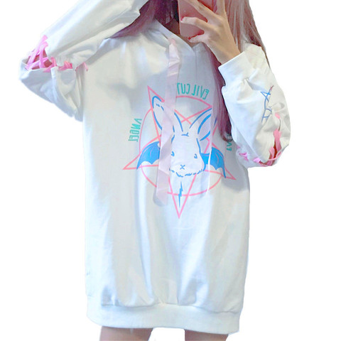 Harajuku Lolita Style Women Sweatshirt Rabbit Pentacle Print Lace Up Sleeves Hoodies Casual Loose Oversized Long Pullocer Top ► Photo 1/6