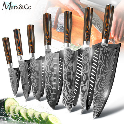Kitchen Knives 8 Inch Japanese Chef 7CR17 Stainless Steel Imitation Damascus Pattern Slicing Santoku Cleaver Cooking Tool Set ► Photo 1/6