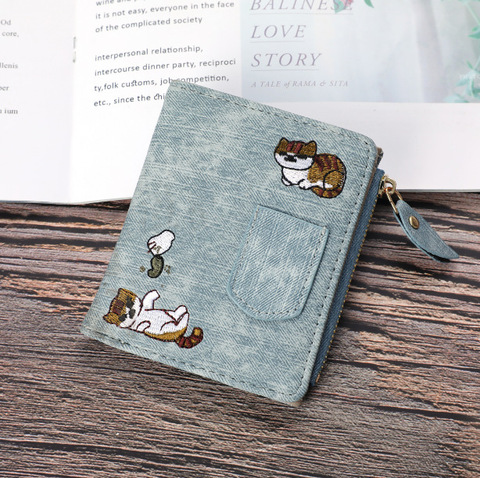 Jeans Style Women Short Wallets Cat Embroidered Canvas Clutch Large Capacity Buckle Fashion Coin Purse Coach Women Handbags ► Photo 1/6
