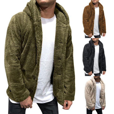 Mens Buttons Coat Warm Faux Fur Winter Casual Loose Double-Sided Plush Hoodie Fluffy Fleece Fur Jacket Hoodies Coat Outerwear ► Photo 1/6