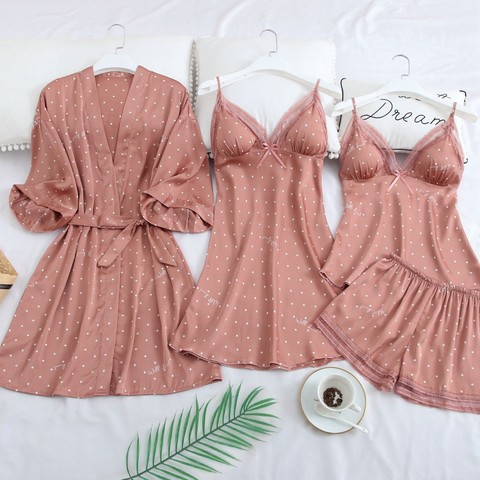 Pink Print Dot Wedding Robe Set Sleepwear Casual Intimate Lingerie Nightgown Nightdress Soft Homewear Home Clothing Kimono Gown ► Photo 1/5