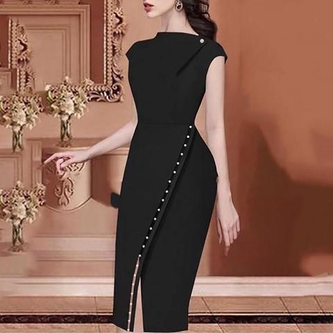 2022 Women Elegant Casual Office Look Workwear Slit Party Dress Solid Button Beading Embellished Slit Irregular Midi Dress ► Photo 1/1