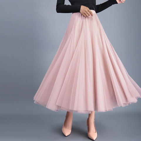 TingYiLi Autumn Tulle Skirt Gray Brown Beige Pink Black Long Skirts Womens Elegant Maxi Skirt ► Photo 1/6