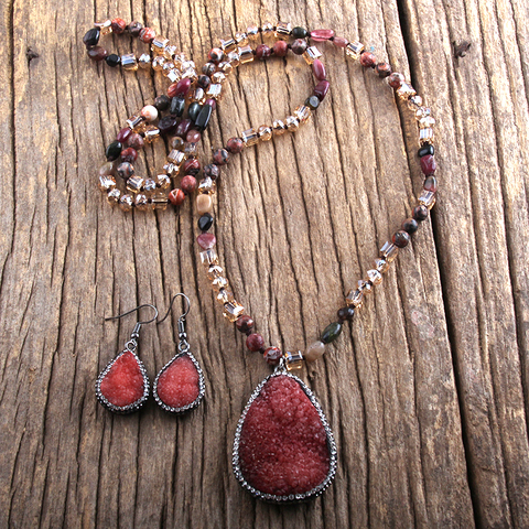 RH Fashion Jewelry Set Boho Beaded Necklace Natural Stone & Druzy Pendant Necklace Earring Set For Women Gift Whole ► Photo 1/6