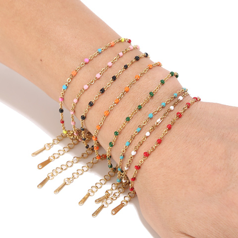 Stainless Steel Enamel Beads Bracelet Charm Bangles Chain Women Jewellery Gift