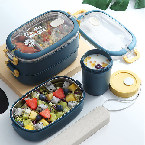 2 Layers Thermal Lunch Box for Kids Thermos Food Container Stainless Steel  Insulation Bento Lunchbox Storage Dinnerware Set